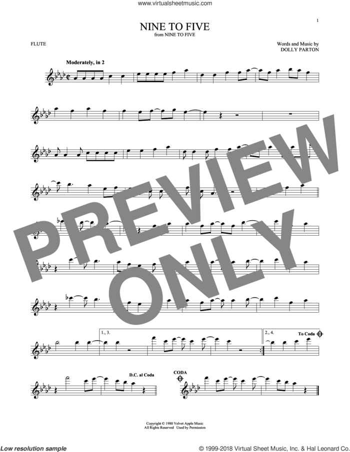 Nine To Five sheet music for flute solo by Dolly Parton, intermediate skill level