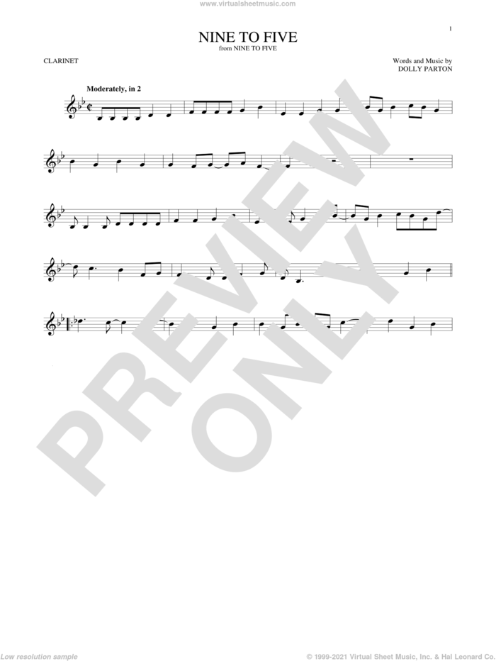 Nine To Five sheet music for clarinet solo by Dolly Parton, intermediate skill level