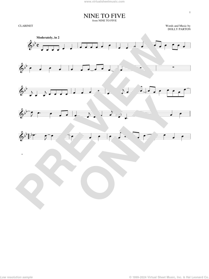 Nine To Five sheet music for clarinet solo by Dolly Parton, intermediate skill level