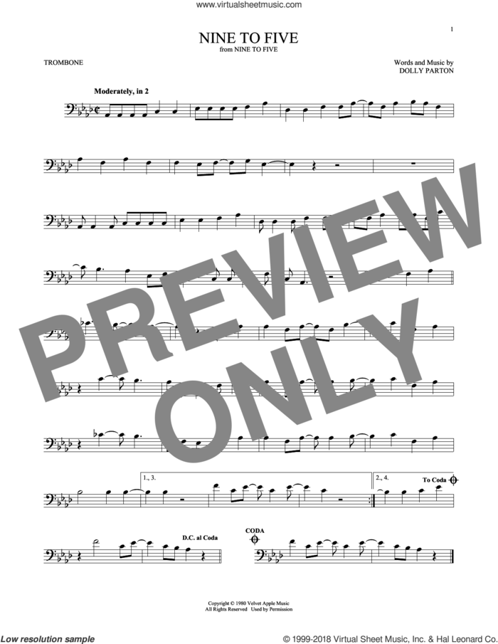 Nine To Five sheet music for trombone solo by Dolly Parton, intermediate skill level