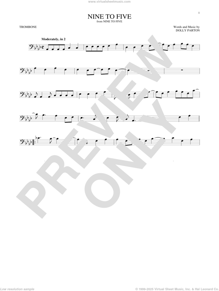 Nine To Five sheet music for trombone solo by Dolly Parton, intermediate skill level