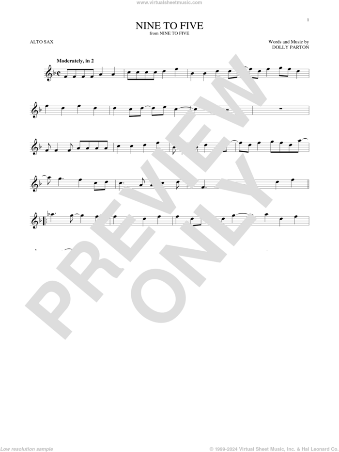 Nine To Five sheet music for alto saxophone solo by Dolly Parton, intermediate skill level