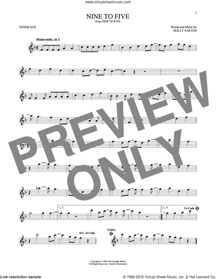 Nine To Five sheet music for tenor saxophone solo by Dolly Parton, intermediate skill level