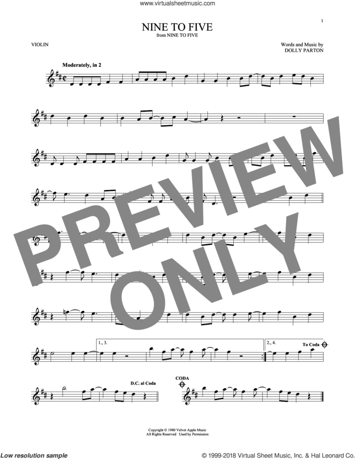 Nine To Five sheet music for violin solo by Dolly Parton, intermediate skill level