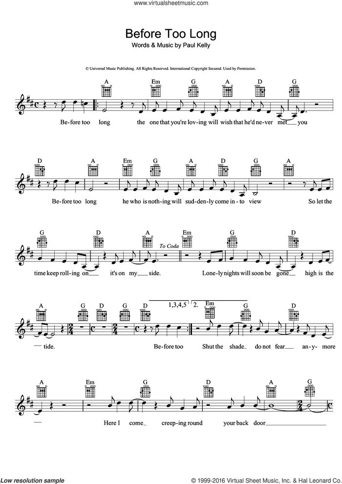 Before Too Long sheet music for voice and other instruments (fake book) by Paul Kelly, intermediate skill level