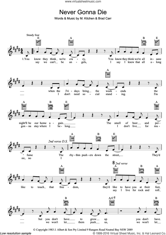 Never Gonna Die sheet music for voice and other instruments (fake book) by The Choirboys, Brad Carr and M. Kitchen, intermediate skill level