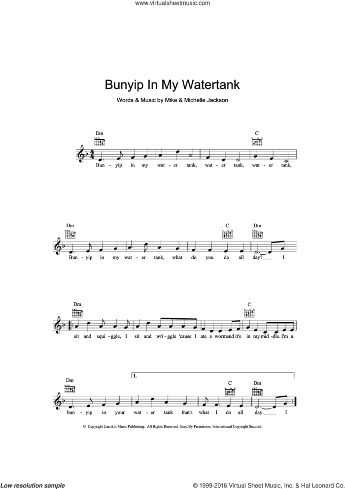 Bunyip In My Water Tank sheet music for voice and other instruments (fake book) by Mike Jackson and Michelle Jackson, intermediate skill level