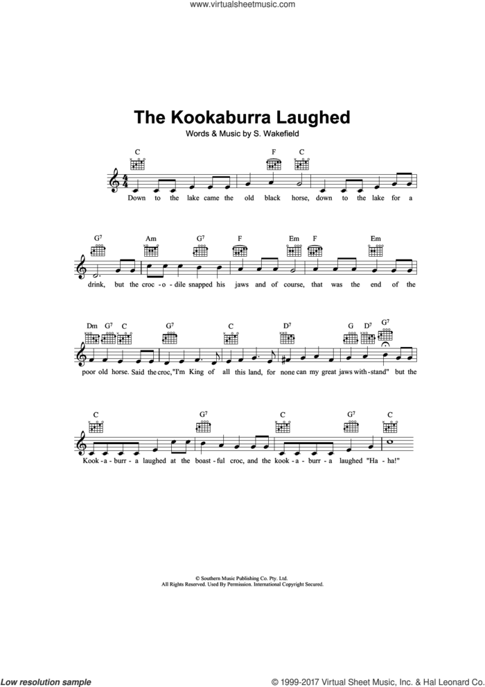 The Kookaburra Laughed sheet music for voice and other instruments (fake book) by S. Wakefield, intermediate skill level