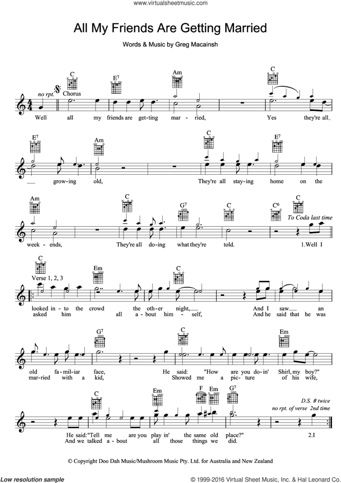 All My Friends Are Getting Married sheet music for voice and other instruments (fake book) by Skyhooks and Gregory MacAinsh, intermediate skill level
