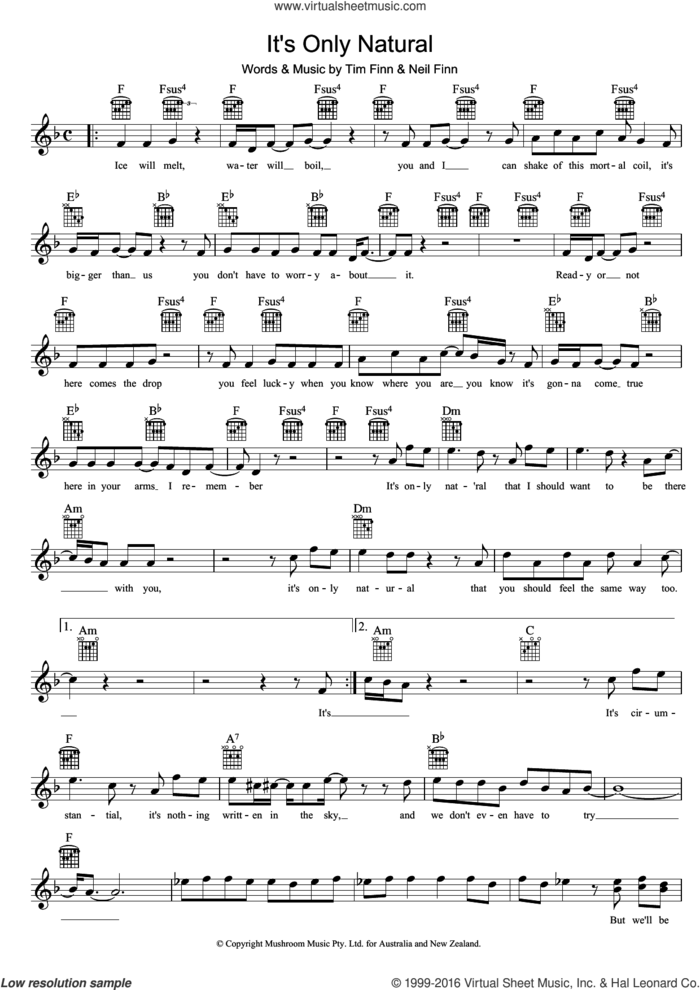 It's Only Natural sheet music for voice and other instruments (fake book) by Crowded House, Neil Finn and Tim Finn, intermediate skill level