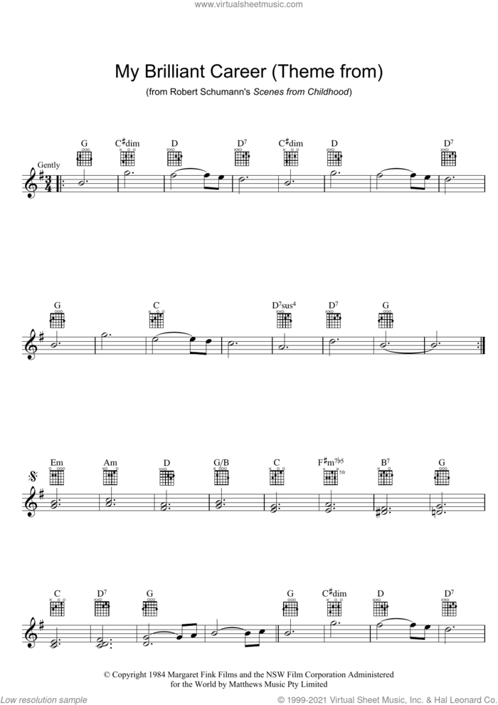 Theme From My Brilliant Career sheet music for voice and other instruments (fake book) by Robert Schumann, classical score, intermediate skill level