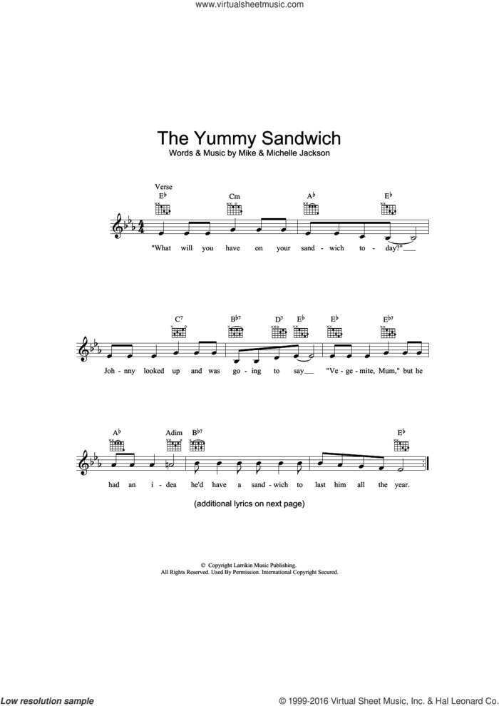 The Yummy Sandwich sheet music for voice and other instruments (fake book) by Mike Jackson and Michelle Jackson, intermediate skill level