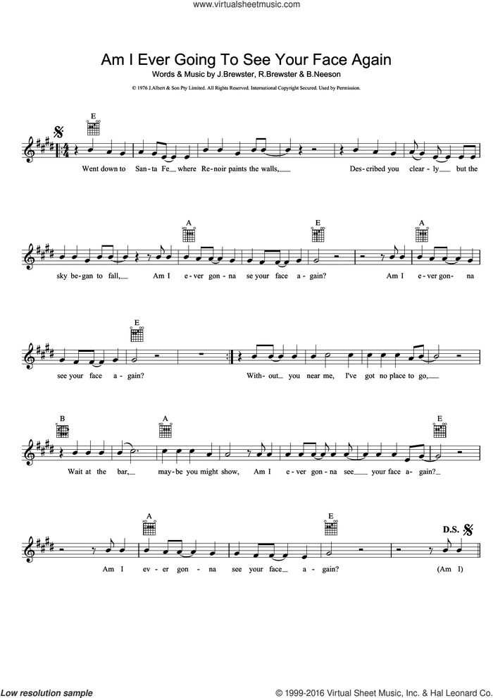 Am I Ever Going To See Your Face Again sheet music for voice and other instruments (fake book) by The Radiators, B. Neeson, J. Brewster and Rick Brewster, intermediate skill level