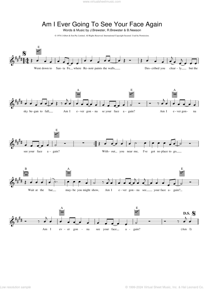 Am I Ever Going To See Your Face Again sheet music for voice and other instruments (fake book) by The Radiators, B. Neeson, J. Brewster and Rick Brewster, intermediate skill level