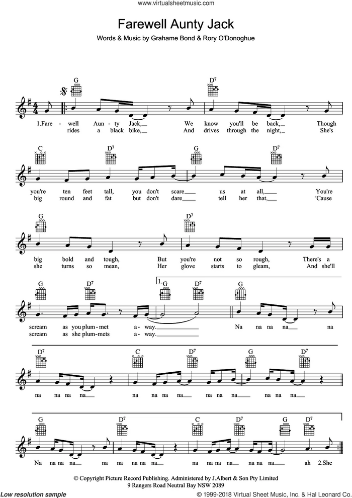 Farewell Aunty Jack sheet music for voice and other instruments (fake book) by Grahame Bond, intermediate skill level