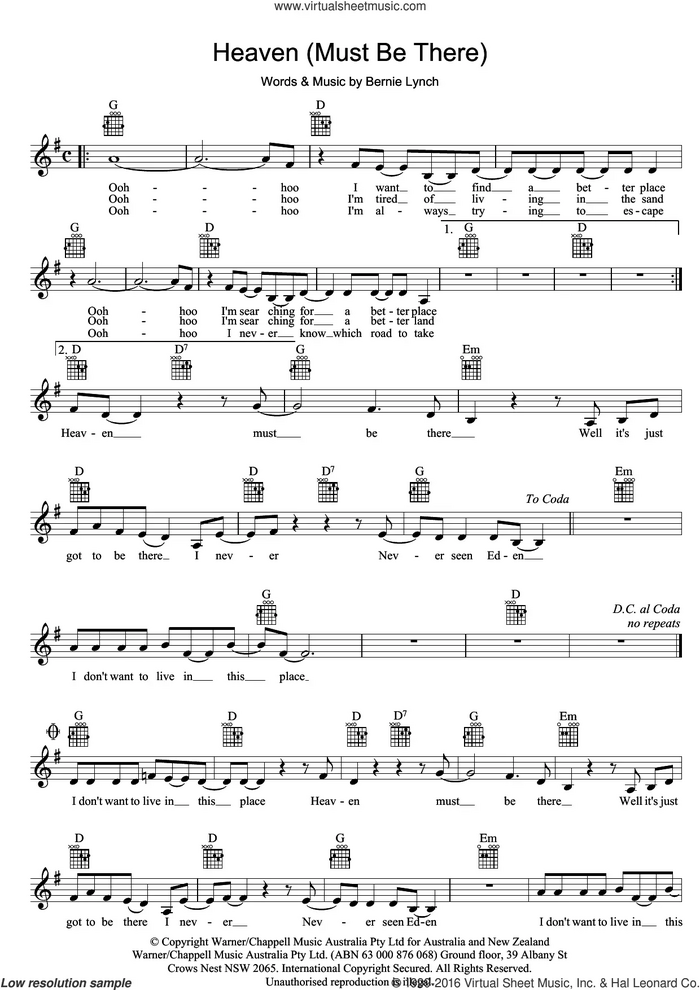 Heaven (Must Be There) sheet music for voice and other instruments (fake book) by Eurogliders and Bernie Lynch, intermediate skill level
