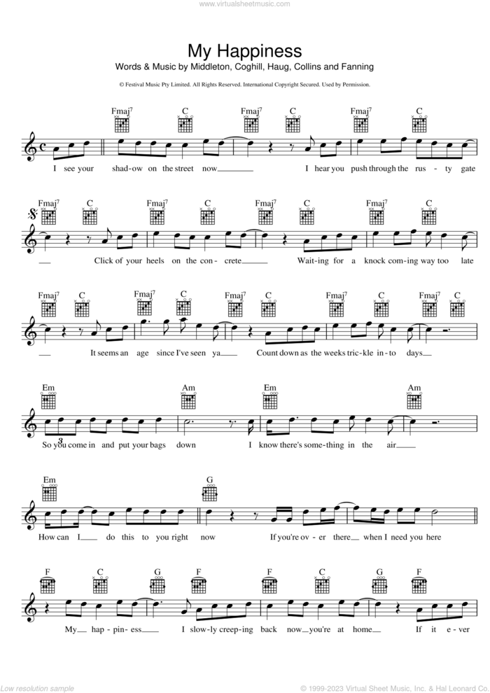 My Happiness sheet music for voice and other instruments (fake book) by Powderfinger, Bernard Fanning, Darren Middleton, Ian Haug, John Collins and Jon Coghill, intermediate skill level
