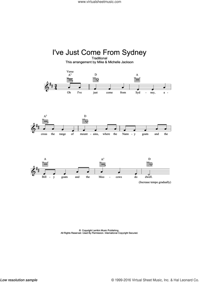 I've Just Come From Sydney sheet music for voice and other instruments (fake book), intermediate skill level