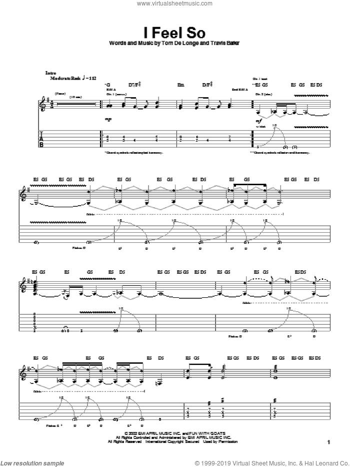 I Feel So sheet music for guitar (tablature) by Box Car Racer, Tom DeLonge and Travis Barker, intermediate skill level