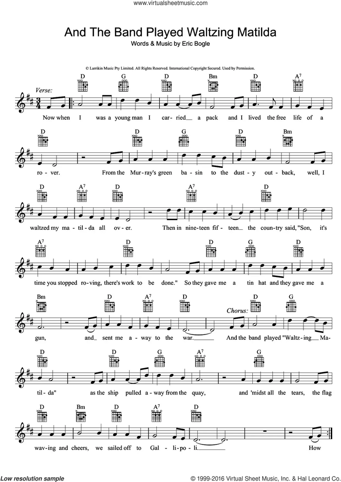 And The Band Played Waltzing Matilda sheet music for voice and other instruments (fake book) by Eric Bogle, intermediate skill level