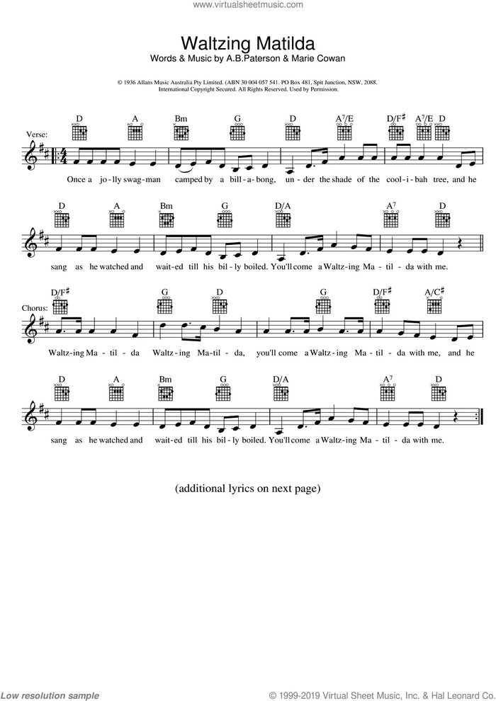 Waltzing Matilda sheet music for voice and other instruments (fake book) by Marie Cowan and Miscellaneous, intermediate skill level