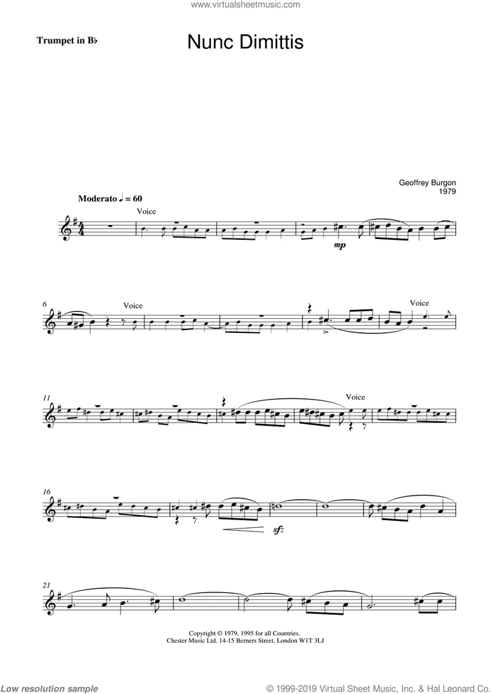 Nunc Dimittis (theme from Tinker, Tailor, Soldier, Spy) sheet music for voice and trumpet by Geoffrey Burgon, intermediate skill level