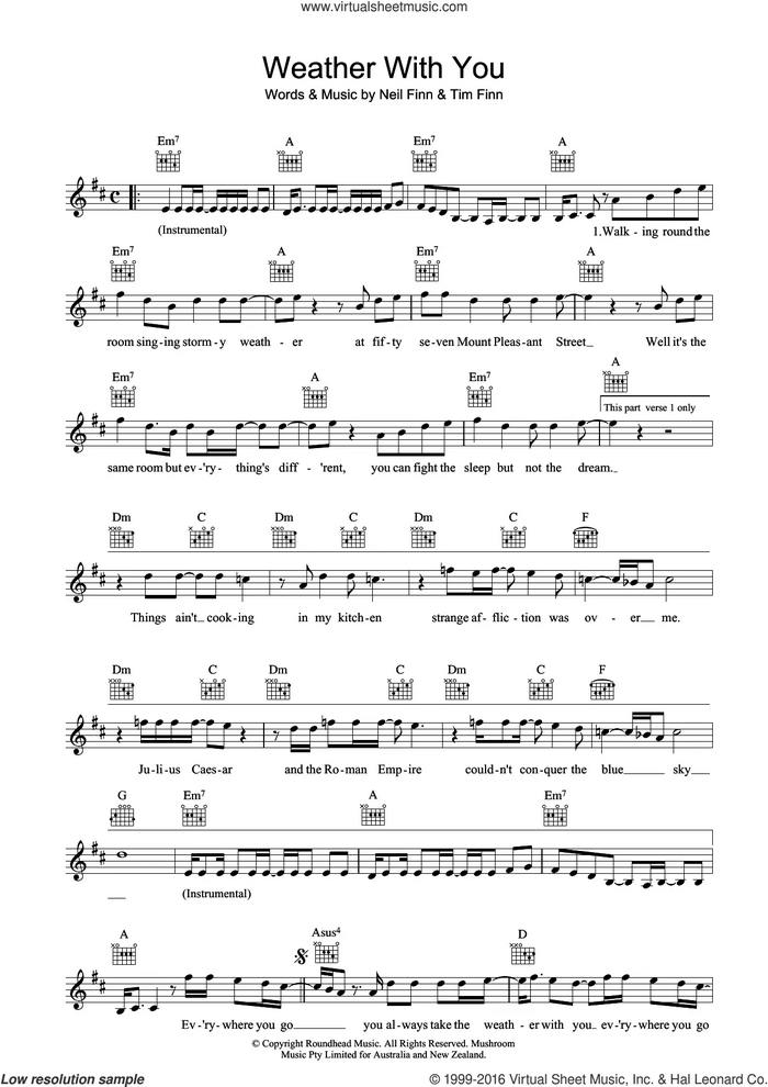 Weather With You sheet music for voice and other instruments (fake book) by Crowded House, Neil Finn and Tim Finn, intermediate skill level
