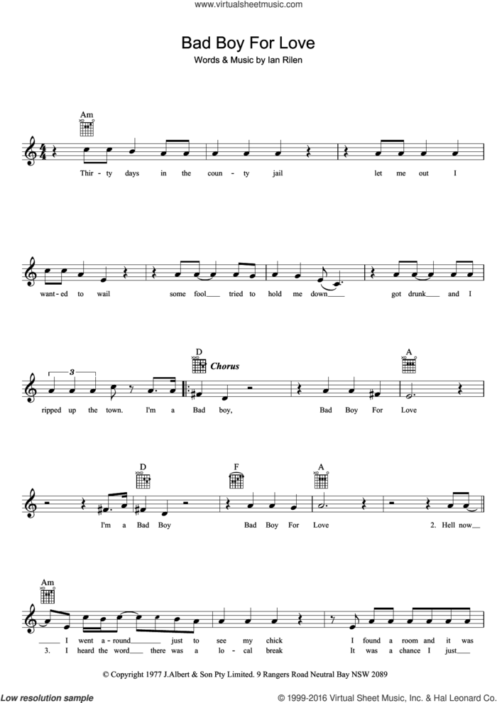 Bad Boy For Love sheet music for voice and other instruments (fake book) by Rose Tattoo and Ian Rilen, intermediate skill level