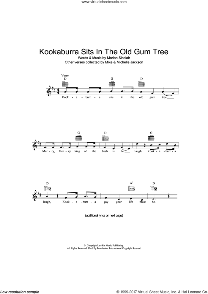 Kookaburra Sits In The Old Gum Tree sheet music for voice and other instruments (fake book) by Marion Sinclair, intermediate skill level
