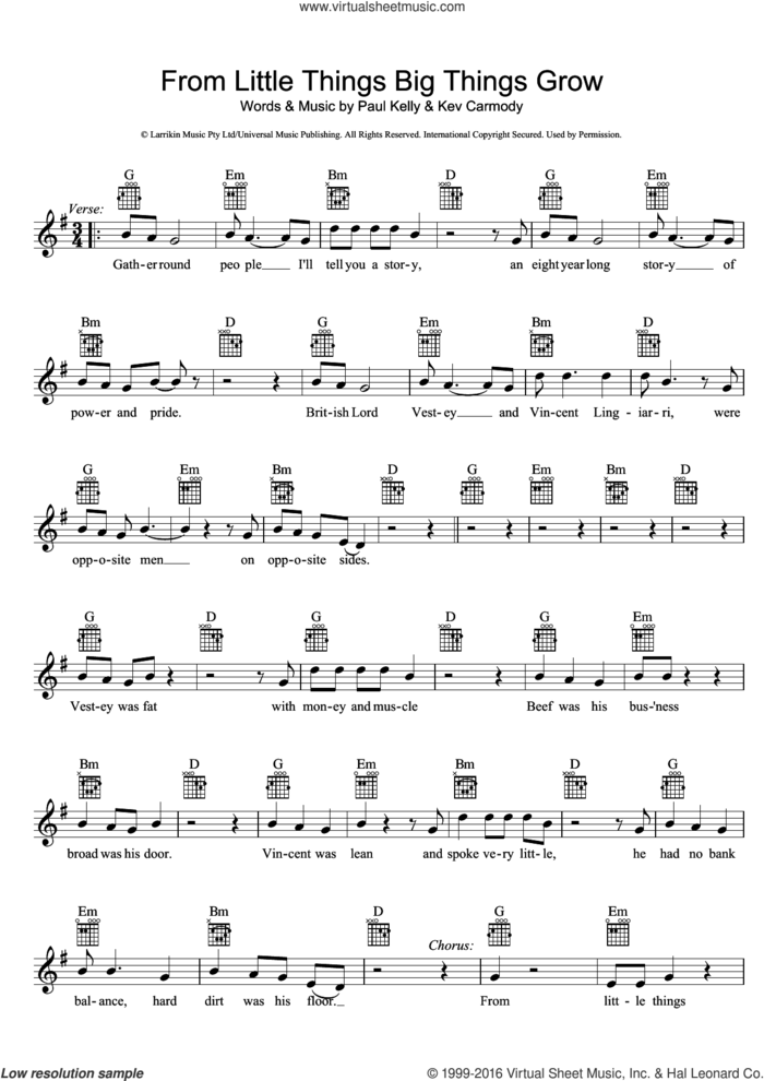 From Little Things Big Things Grow sheet music for voice and other instruments (fake book) by Paul Kelly and Kev Carmody, intermediate skill level