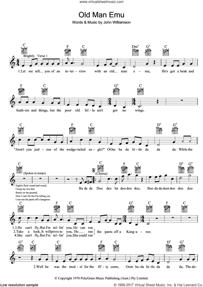 Old Man Emu sheet music for voice and other instruments (fake book) by John Lee Williamson, intermediate skill level