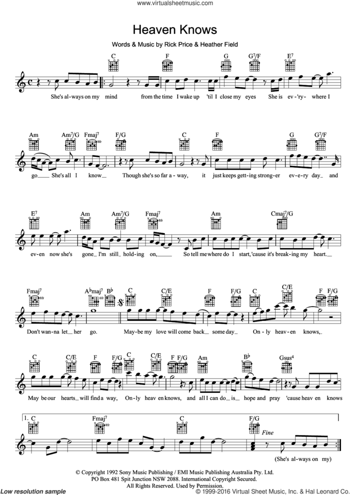 Heaven Knows sheet music for voice and other instruments (fake book) by Rick Price and Heather Field, intermediate skill level