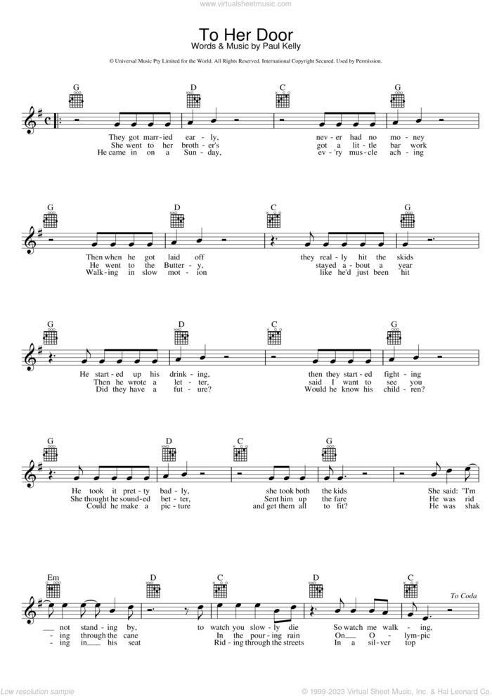 To Her Door sheet music for voice and other instruments (fake book) by Paul Kelly, intermediate skill level