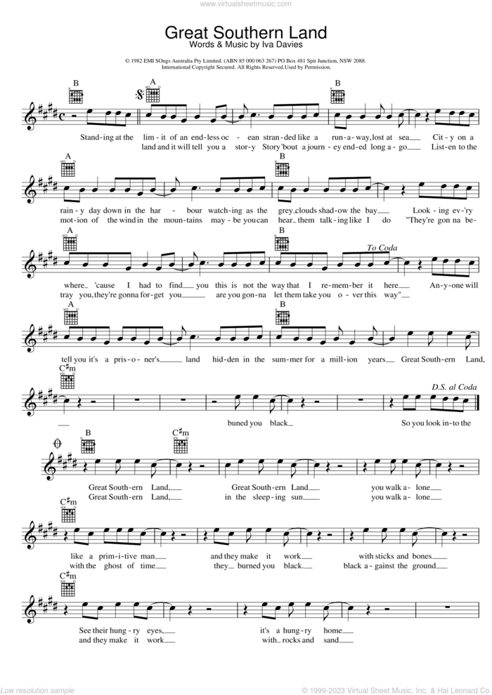 Great Southern Land sheet music for voice and other instruments (fake book) by Icehouse and Iva Davies, intermediate skill level