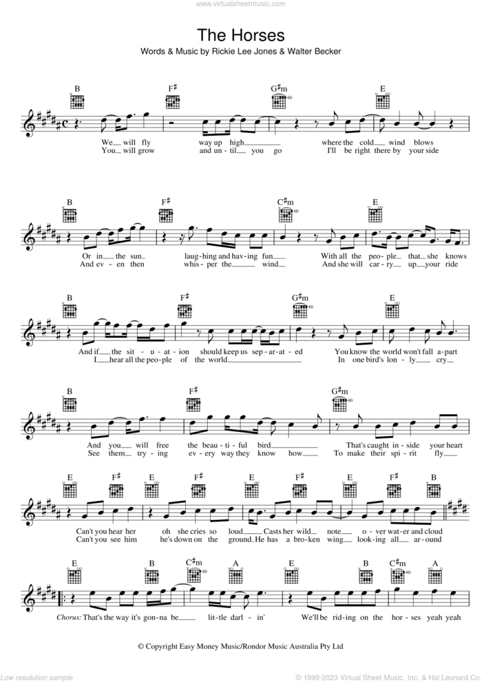 The Horses sheet music for voice and other instruments (fake book) by Rickie Lee Jones and Walter Becker, intermediate skill level