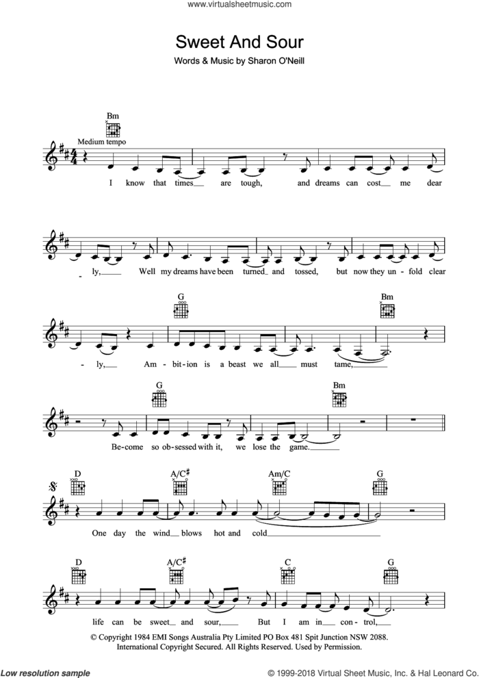 Sweet And Sour sheet music for voice and other instruments (fake book) by Deborah Conway, intermediate skill level