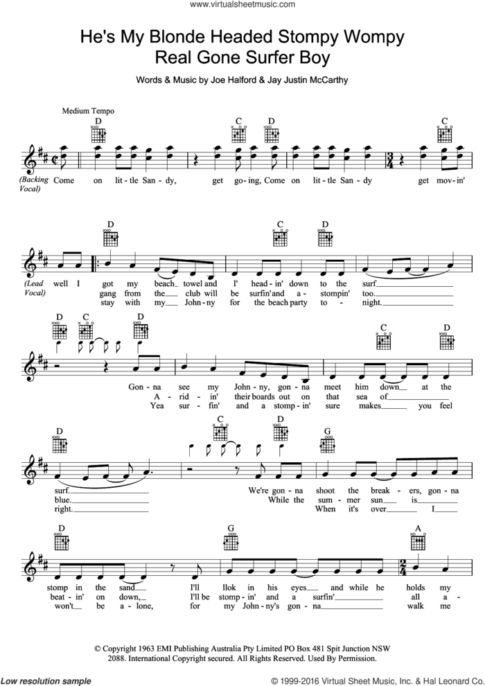 He's My Blonde Headed Stompy Wompy Real Gone Surfer Boy sheet music for voice and other instruments (fake book) by Little Pattie, Jay Justin McCarthy and Joe Halford, intermediate skill level