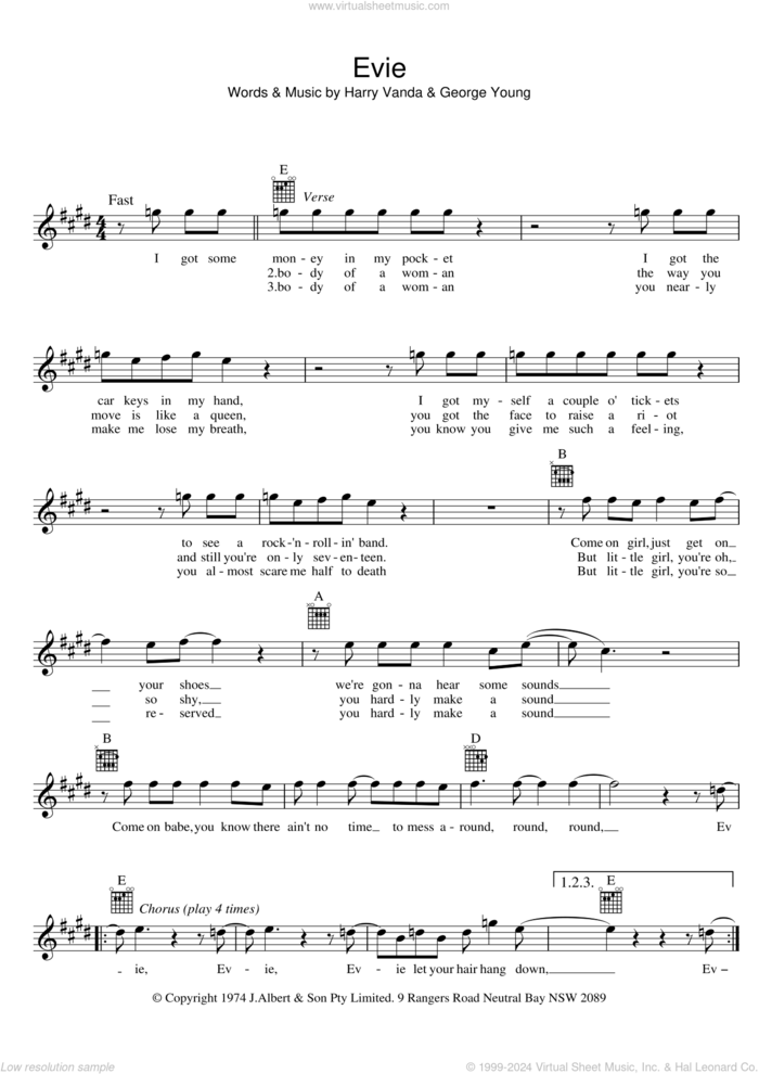 Evie (Pt. 1, 2 and 3) sheet music for voice and other instruments (fake book) by Stevie Wright, George Young and Harry Vanda, intermediate skill level