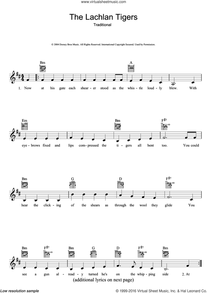 The Lachlan Tigers sheet music for voice and other instruments (fake book), intermediate skill level