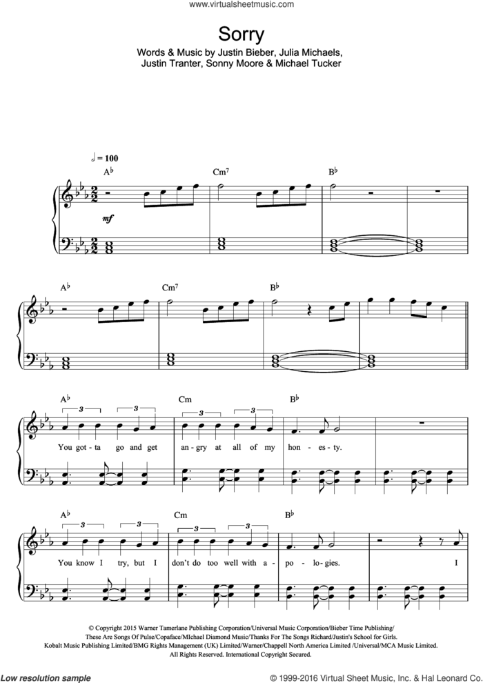 Sorry, (easy) sheet music for piano solo by Justin Bieber, Julia Michaels, Justin Tranter, Michael Tucker and Sonny Moore, easy skill level