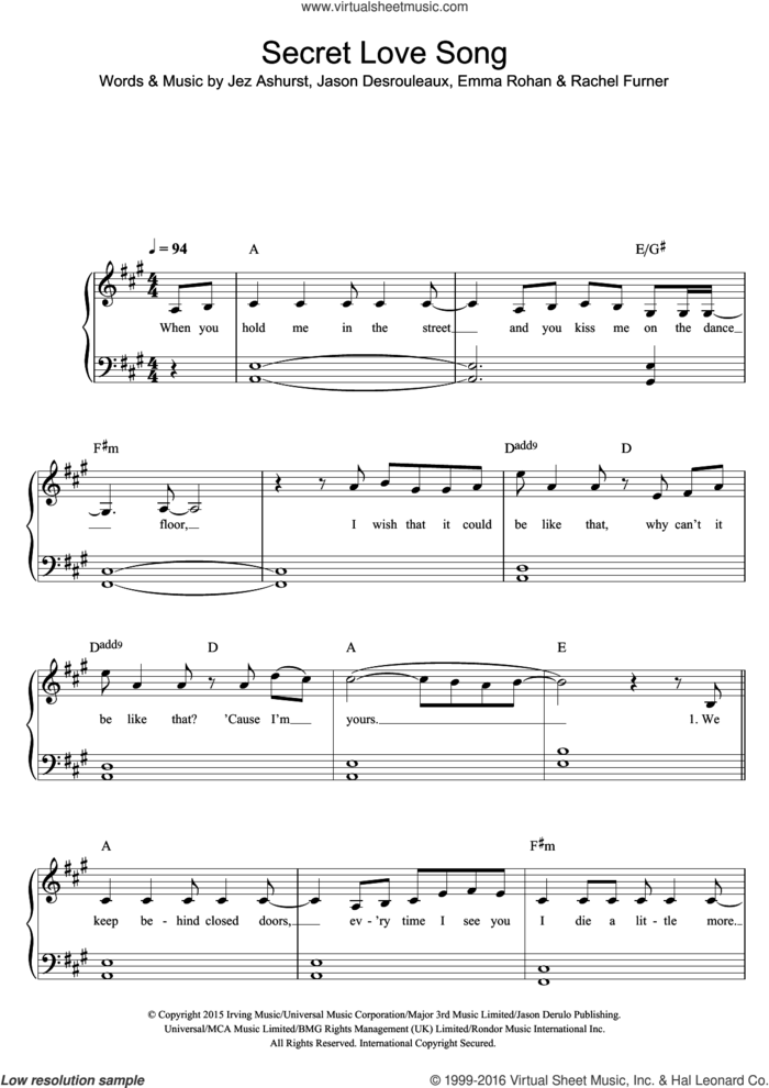 Secret Love Song (featuring Jason Derulo) sheet music for piano solo by Little Mix, Jason Derulo, Little Mix feat. Jason Derulo, Emma Rohan, Jason Desrouleaux, Jez Ashurst and Rachel Furner, easy skill level