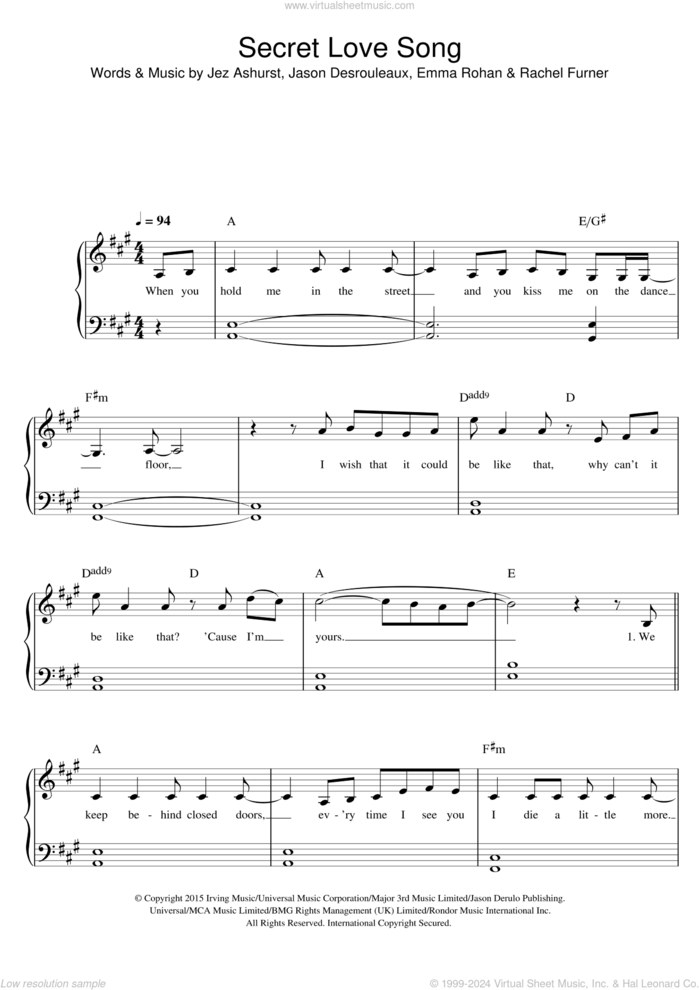 Secret Love Song (featuring Jason Derulo) sheet music for piano solo by Little Mix, Jason Derulo, Little Mix feat. Jason Derulo, Emma Rohan, Jason Desrouleaux, Jez Ashurst and Rachel Furner, easy skill level