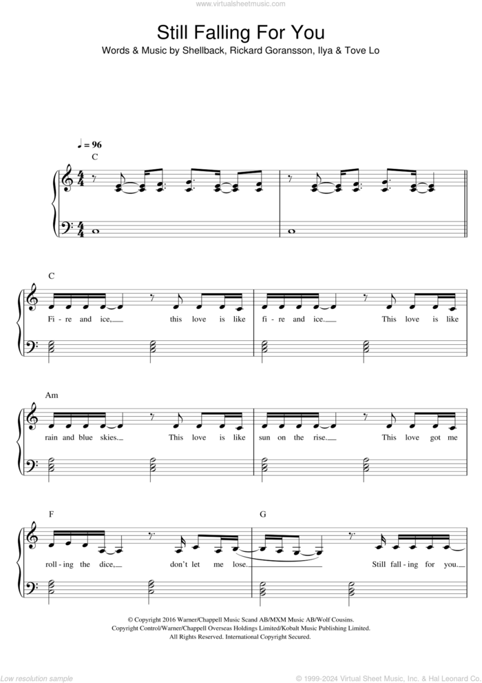 Still Falling For You sheet music for piano solo by Ellie Goulding, Ilya, Rickard Goransson, Shellback and Tove Lo, easy skill level