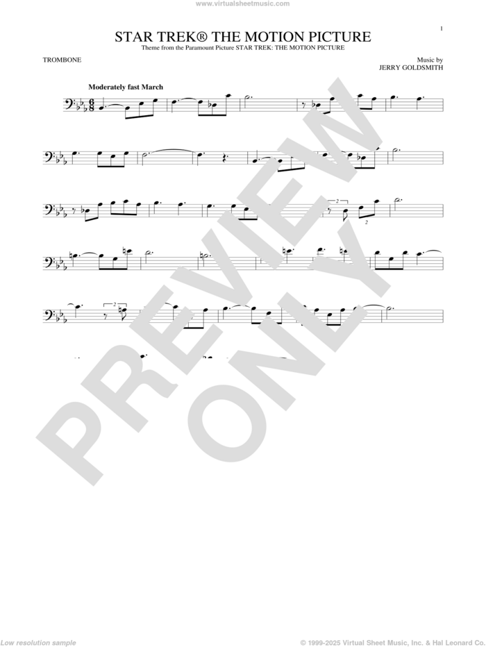 Star Trek The Motion Picture sheet music for trombone solo by Jerry Goldsmith, classical score, intermediate skill level