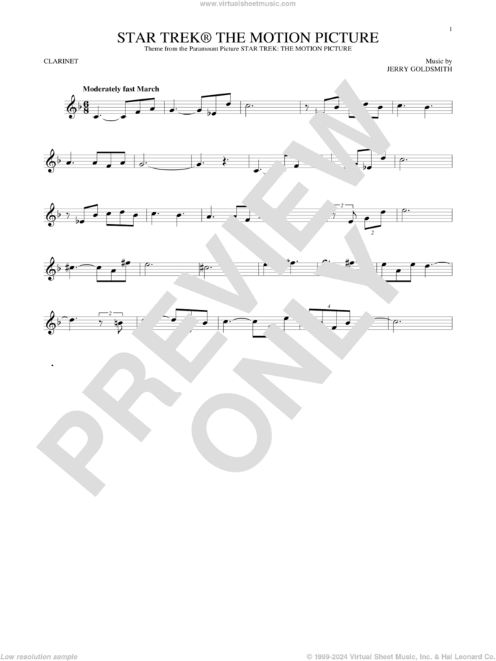 Star Trek The Motion Picture sheet music for clarinet solo by Jerry Goldsmith, classical score, intermediate skill level