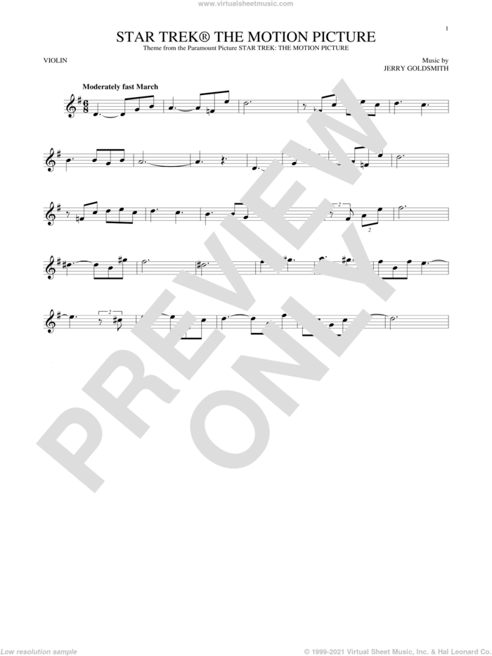 Star Trek The Motion Picture sheet music for violin solo by Jerry Goldsmith, intermediate skill level