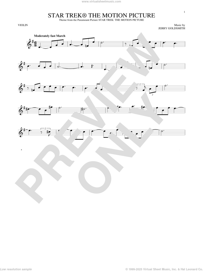 Star Trek The Motion Picture sheet music for violin solo by Jerry Goldsmith, intermediate skill level