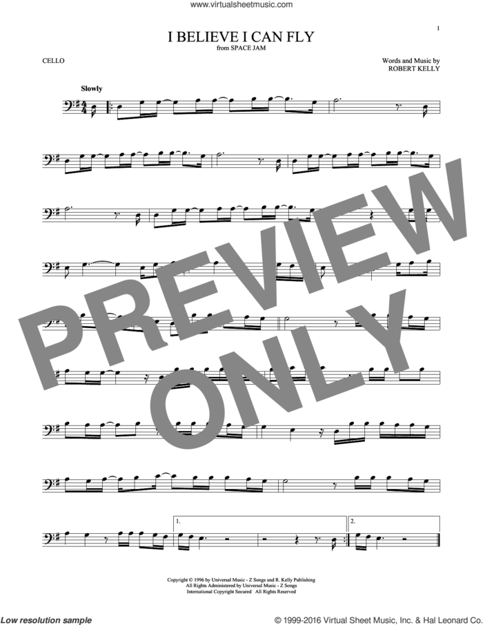 I Believe I Can Fly sheet music for cello solo by Robert Kelly and Jermaine Paul, intermediate skill level