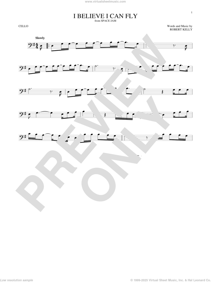 I Believe I Can Fly sheet music for cello solo by Robert Kelly and Jermaine Paul, intermediate skill level