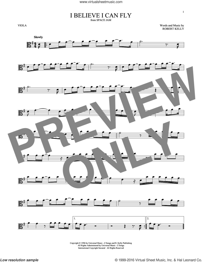 I Believe I Can Fly sheet music for viola solo by Robert Kelly and Jermaine Paul, intermediate skill level